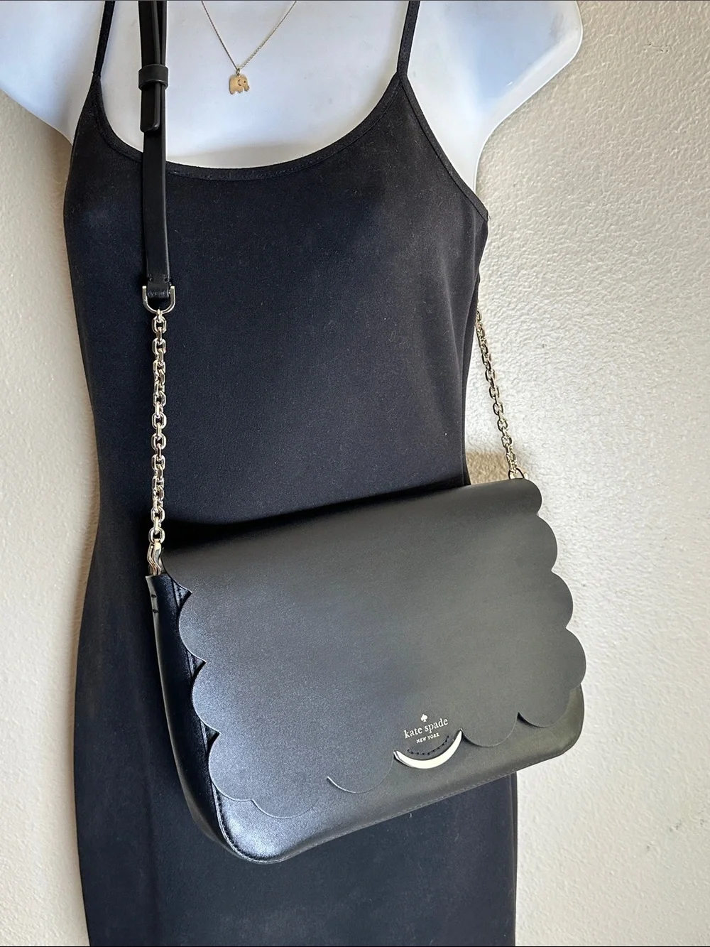 kate spade Black Scallop-Edge Leather Crossbody with Pink Interior